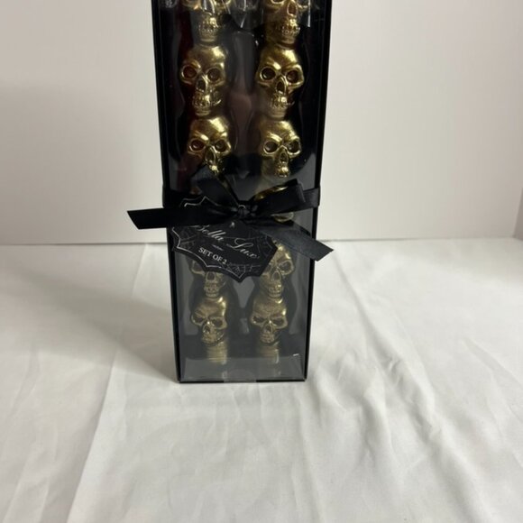 Bella Lux Halloween Skull Taper Candles Set of 2~ Gold 10" Tall - New - Picture 4 of 6